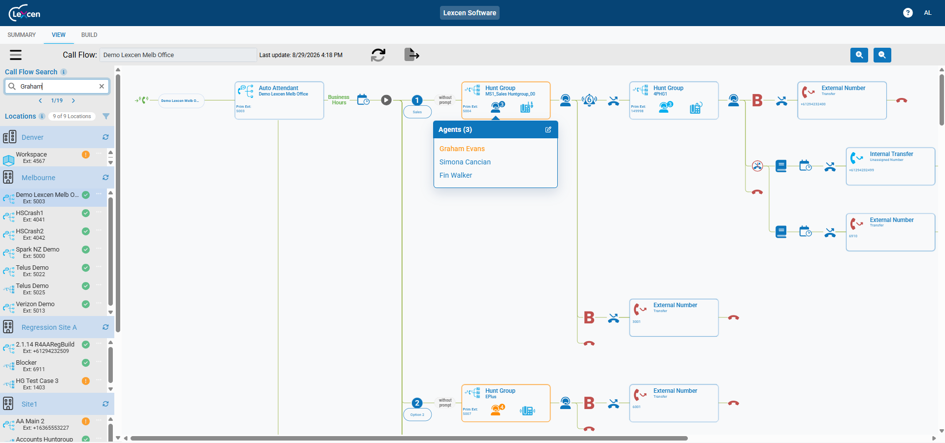 Call flow search interface showing user and extension lookup